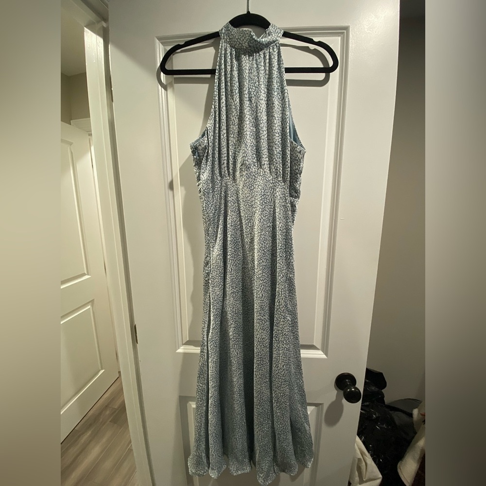 Aqua/teal and white patterned halter midi